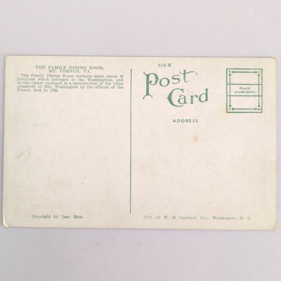 The Family Dining Room Mt Vernon Mansion Virginia 1920s Postcard Washington - Picture 2 of 2